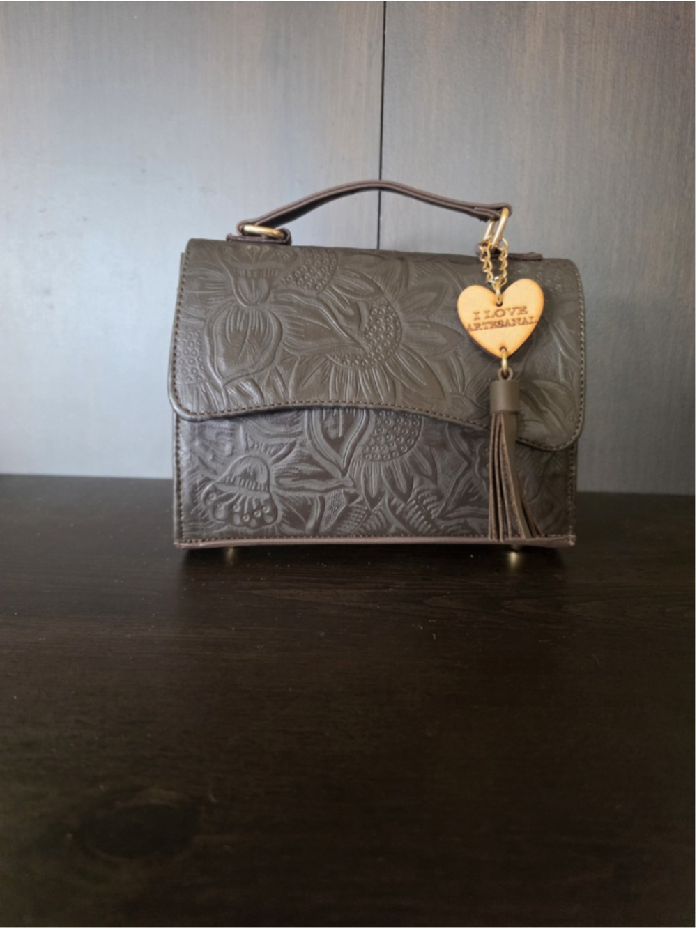 Dark Chocolate Brown Sunflower Embossed Tooled Artisan Leather Crossbody Bag - Picture 9 of 16